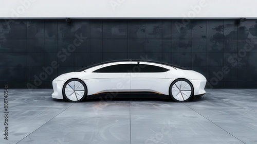 A sleek, white electric car with futuristic design elements stands against a dark grey wall. Poster art, website, and media decor. Commercial use, 300 dpi