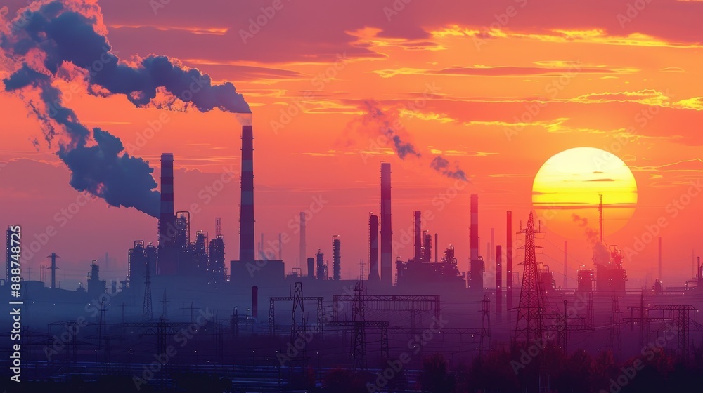 Sunset with Industrial Landscape: A dramatic scene unfolds as the sun dips below the horizon, casting factories and machinery in stark silhouette against a vibrant, multicolored sky.
Sunset with Industrial Landscape: A dramatic scene unfolds as the sun dips below the horizon, casting factories and machinery in stark silhouette against a vibrant, multicolored sky.