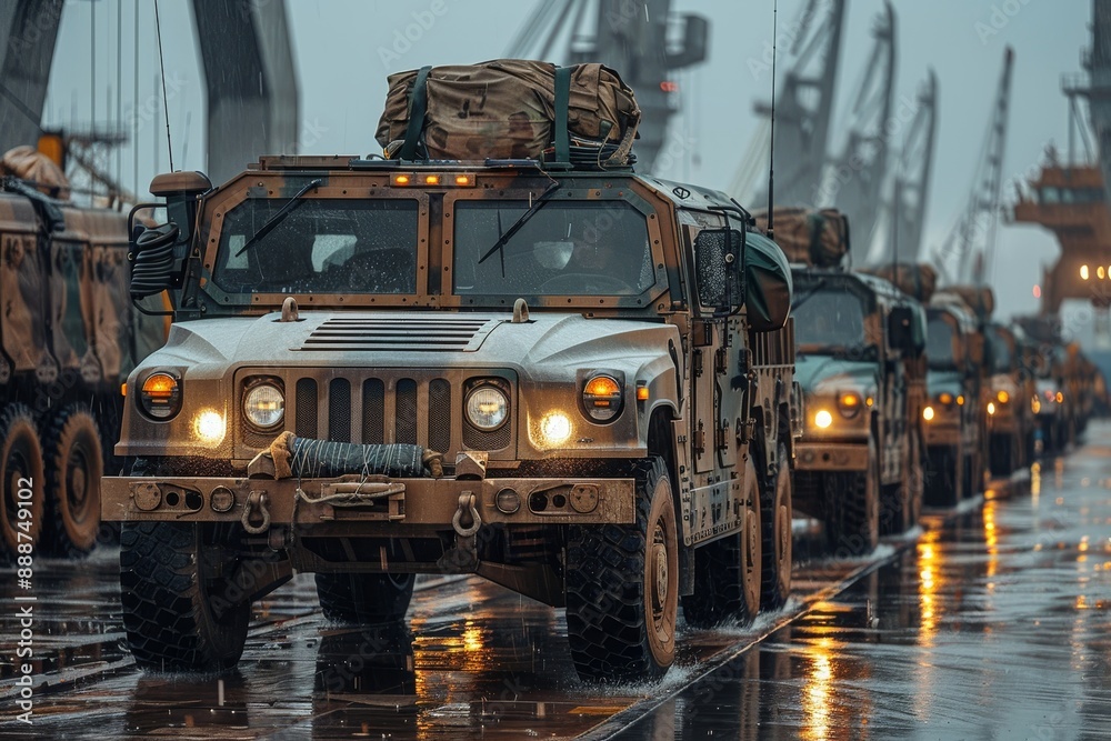 Armored vehicles convoy at deep sea port for military logistics and equipment transportation Armored vehicles convoy at deep sea port for military logistics and equipment transportation