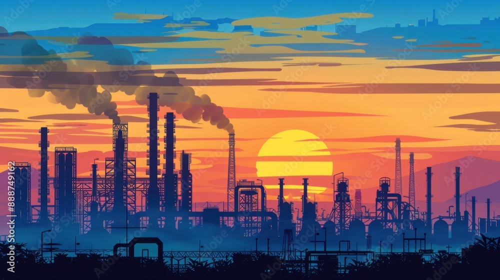 Sunset with Industrial Landscape: As the sun sets, it bathes an industrial scene in warm light, outlining factories and machinery against a backdrop of vivid, streaked skies. Sunset with Industrial Landscape: As the sun sets, it bathes an industrial scene in warm light, outlining factories and machinery against a backdrop of vivid, streaked skies.
