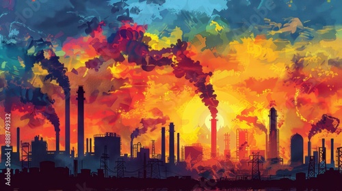 Sunset with Industrial Landscape: The sun dips behind an industrial skyline, casting factories and machinery into sharp relief against a vibrant, painted sky.
 photo