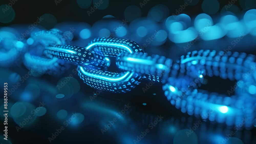 A digital chain rendered with glowing blue lights, suggesting a network connection or security concept.