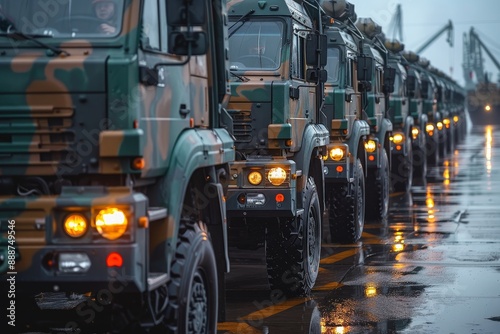 Armored military and construction convoy at sea port for logistics transportation
