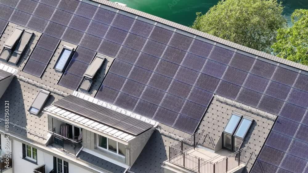 Aerial drone image showing a house with its entire roof covered in solar panels. Aerial drone image showing a house with its entire roof covered in solar panels.