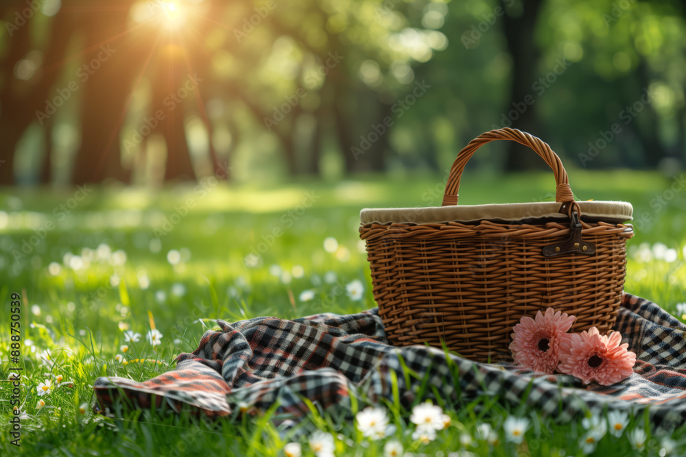 Sunny, picnic basket on the grass with fruits