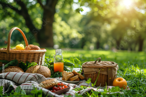 Sunny, picnic basket on the grass with fruits