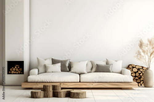 Scandinavian home interior design features a modern living room with a wood slab coffee table, beige pillows, and a white wall.