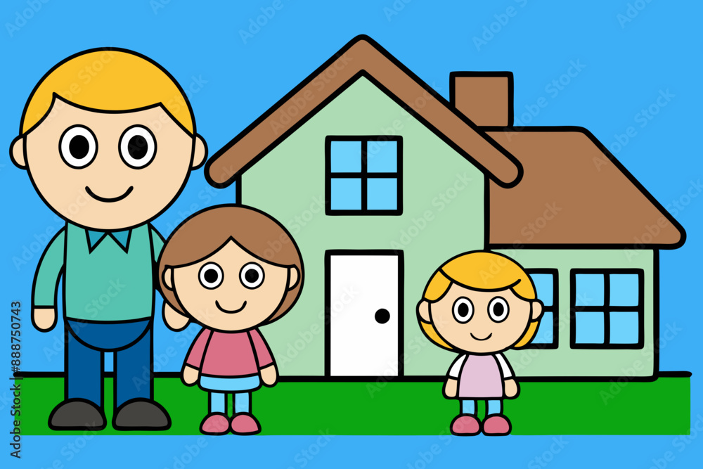 Cartoon Family Stand Outside New Home Vector Art Illustration. Vector Modern Residential Cottage Flat Illustration. Cartoon Family Stand Outside New Home Vector Art Illustration. Vector Modern Residential Cottage Flat Illustration.