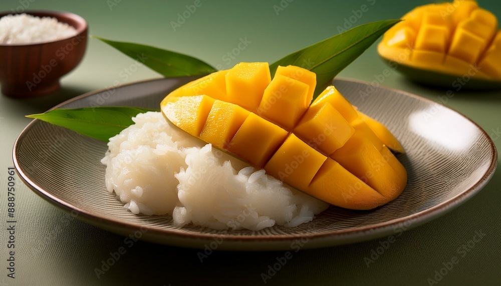 A beautifully lit scene with sticky rice and mango on a ceramic plate, with a smooth, neutra