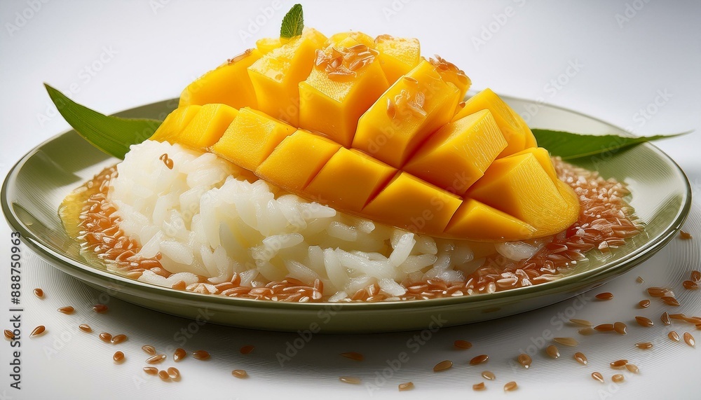 A close-up of a beautifully arranged plate of sticky rice topped with juicy, ripe mango slic 