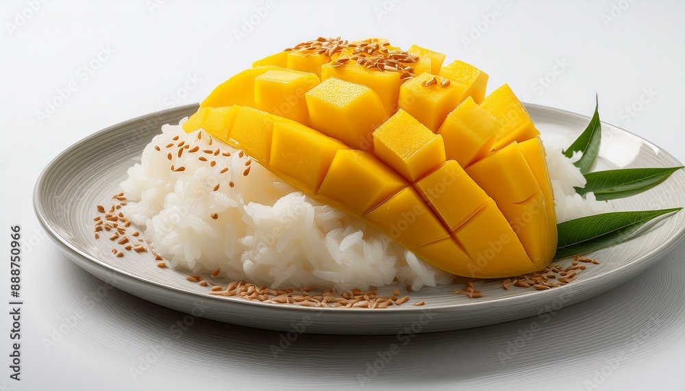 A close-up of a beautifully arranged plate of sticky rice topped with juicy, ripe mango slic A close-up of a beautifully arranged plate of sticky rice topped with juicy, ripe mango slic