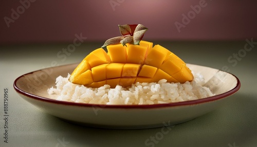 A beautifully lit scene with sticky rice and mango on a ceramic plate, with a smooth, neutra photo