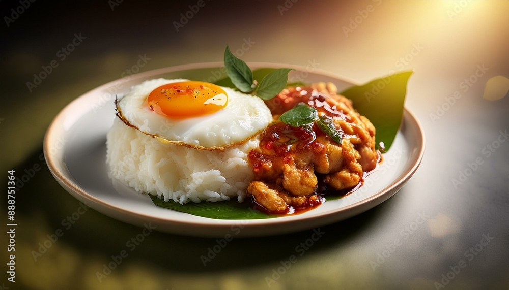 Sticky rice paired with spicy Thai basil chicken, topped with a fried egg. Warm, smooth back Sticky rice paired with spicy Thai basil chicken, topped with a fried egg. Warm, smooth back