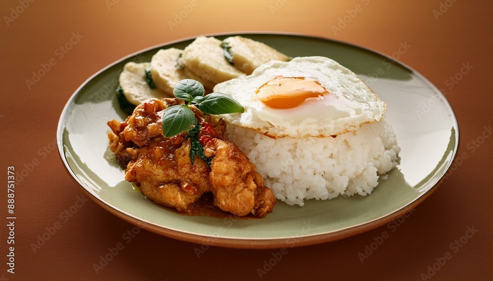 Sticky rice paired with spicy Thai basil chicken, topped with a fried egg. Warm, smooth back Sticky rice paired with spicy Thai basil chicken, topped with a fried egg. Warm, smooth back