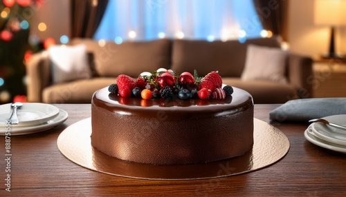 A decadent chocolate cake with glossy ganache and fresh berries on top, with a softly blurre photo