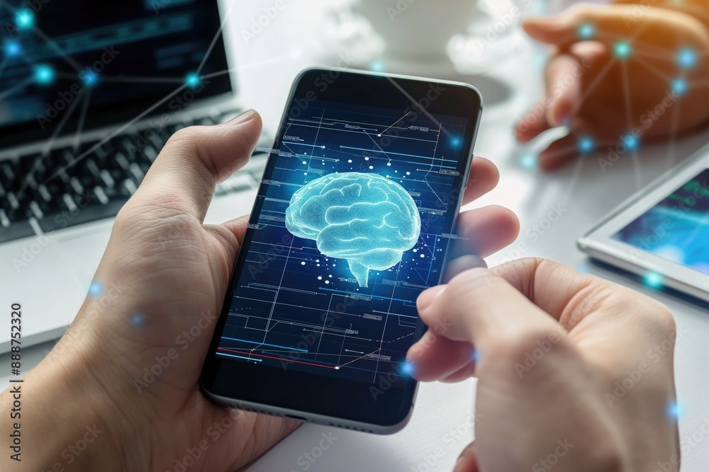 A person holds a smartphone, showcasing a digital representation of a human brain rendered in 3D, with a blurred background of a laptop and a tablet