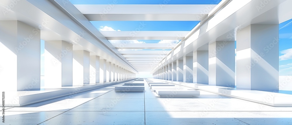 Obraz premium White minimal architecture building background empty wide space for mock up, concrete floor car park, cement garage design scene with copy space