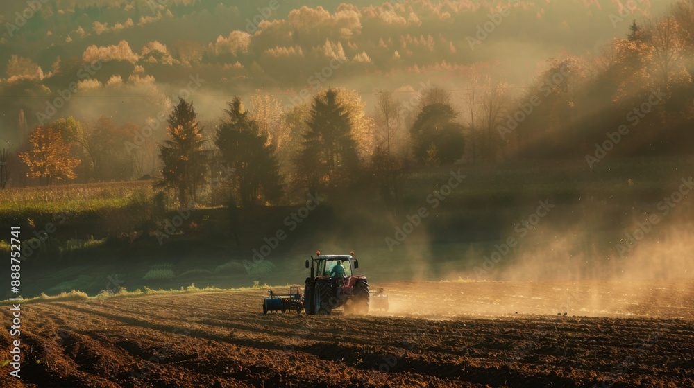Fototapeta premium A tractor plowing a field during an early morning sunrise, with fog and sunlight casting a golden hue over a rural landscape.
