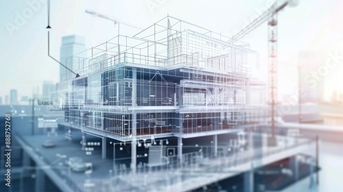 digital construction building information modeling bim concept with 3d model and blueprints