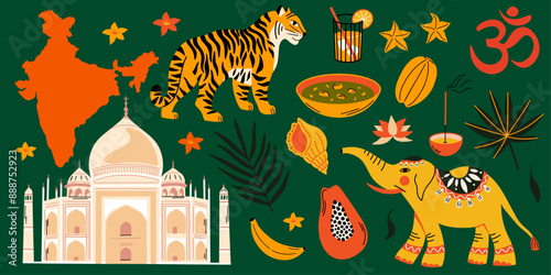 India travel, tourism concept vector illustration set, elephant, om, Taj Mahal, tiger, incense, lotus, Indian food, meal, cocktail, fruits, papaya exotic tropical leaves stickers elements collection