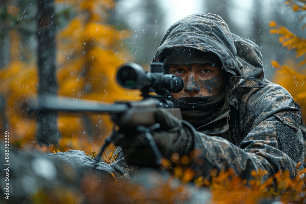 Camouflaged sniper in forest ambush military marksman concealed in woods with rifle Camouflaged sniper in forest ambush military marksman concealed in woods with rifle