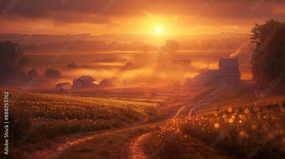 Obraz premium Sunset in the Countryside: A tranquil scene as the sun dips behind rolling fields, casting a golden hue over barns and winding country lanes. Serenity in rural simplicity.