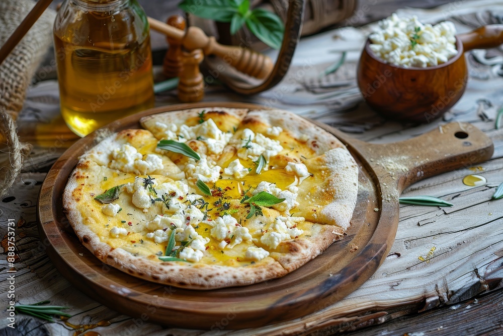 Pizza on wooden table with toppings Pizza on wooden table with toppings