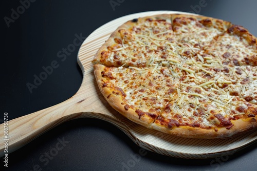 Pizza on black background with a wooden spatula photo