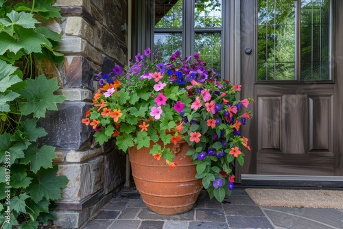 Planter with geranium calibrachoa sweet potato vine by house entrance