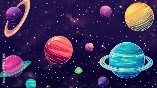 Colorful cartoon planets in outer space with stars forming a cosmic scene. Ideal for educational and creative projects.
