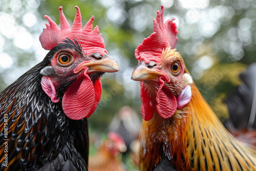 Low angle view close-up portrait of two chickens photo