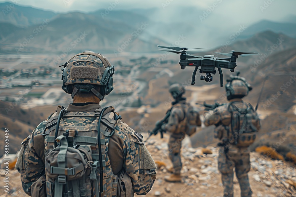 Modern soldiers use drone for artillery guidance and enemy scouting in military operation Modern soldiers use drone for artillery guidance and enemy scouting in military operation