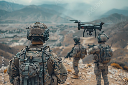 Modern soldiers use drone for artillery guidance and enemy scouting in military operation © Matvejs