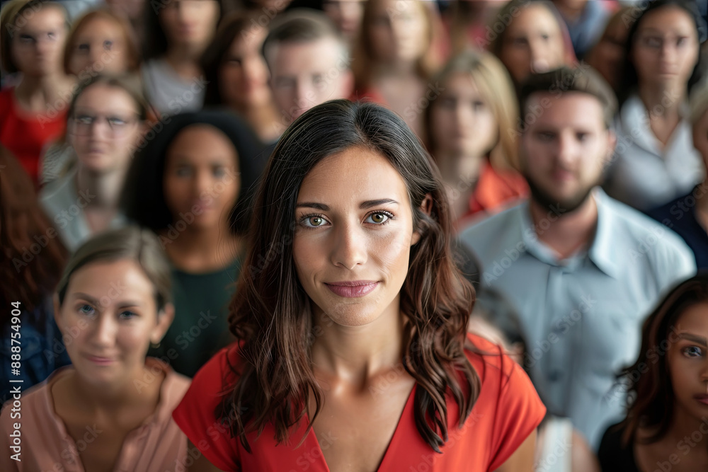 Fototapeta premium Standing out from the crowd concept with a well-dressed woman rising above a crowd of different people