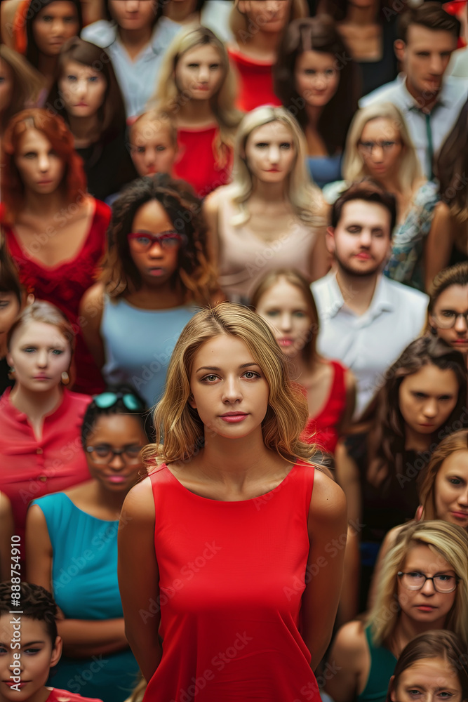 Standing out from the crowd concept with a well-dressed woman rising above a crowd of different people