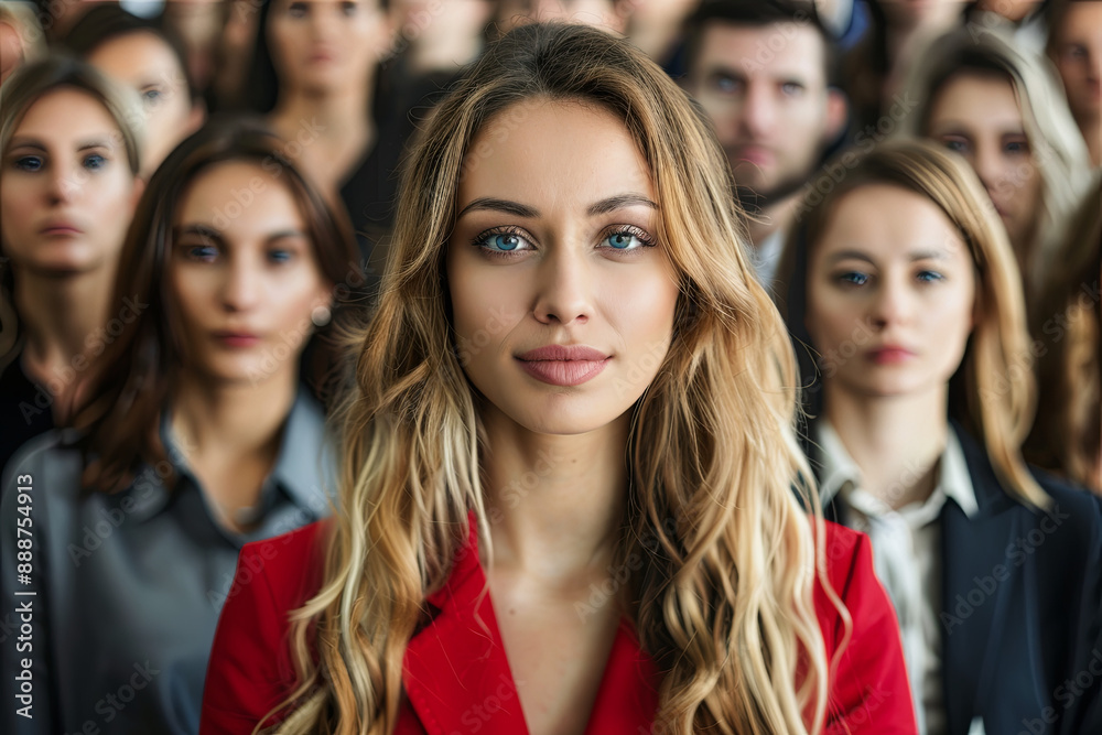 Standing out from the crowd concept with a well-dressed woman rising above a crowd of different people Standing out from the crowd concept with a well-dressed woman rising above a crowd of different people