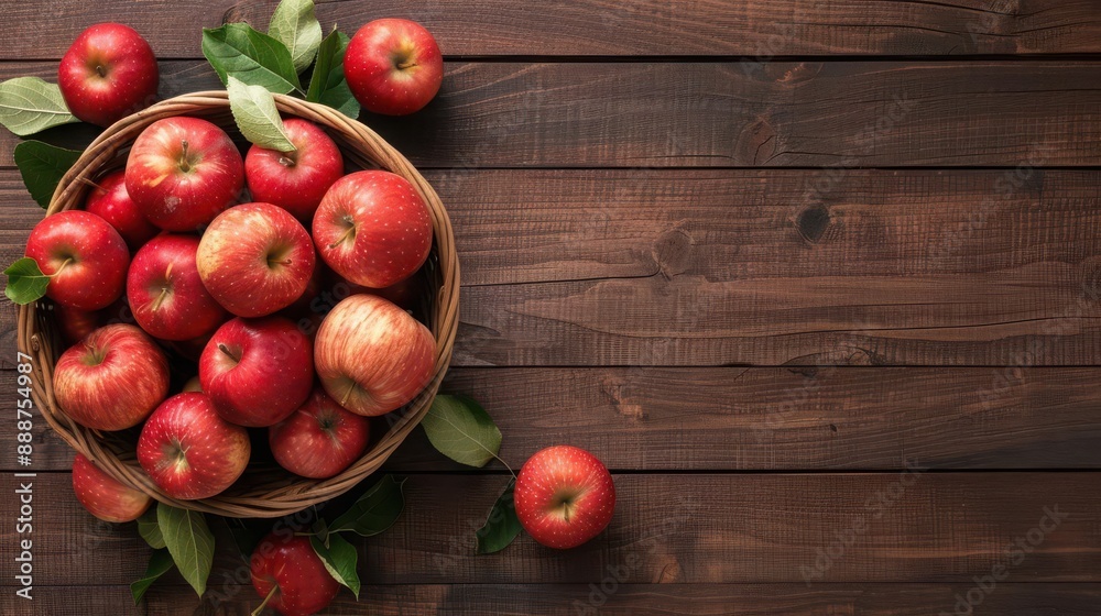 Fresh red apples in a rustic basket on a wooden table with leaves. Perfect for autumn and fruit-themed backgrounds. Fresh red apples in a rustic basket on a wooden table with leaves. Perfect for autumn and fruit-themed backgrounds.