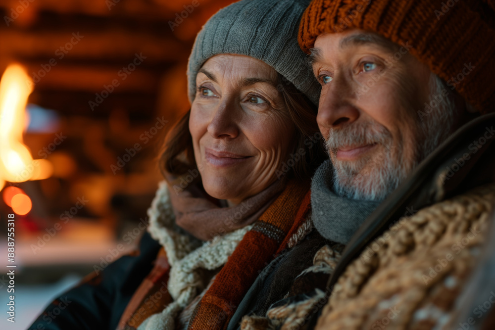 Cozy Senior Couple Enjoying Winter by the Fireplace in Warm Clothing