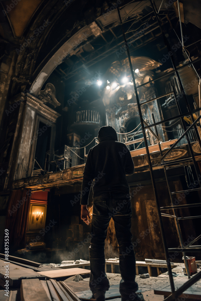 Person Standing in Abandoned Theater Under Dramatic Lighting Person Standing in Abandoned Theater Under Dramatic Lighting
