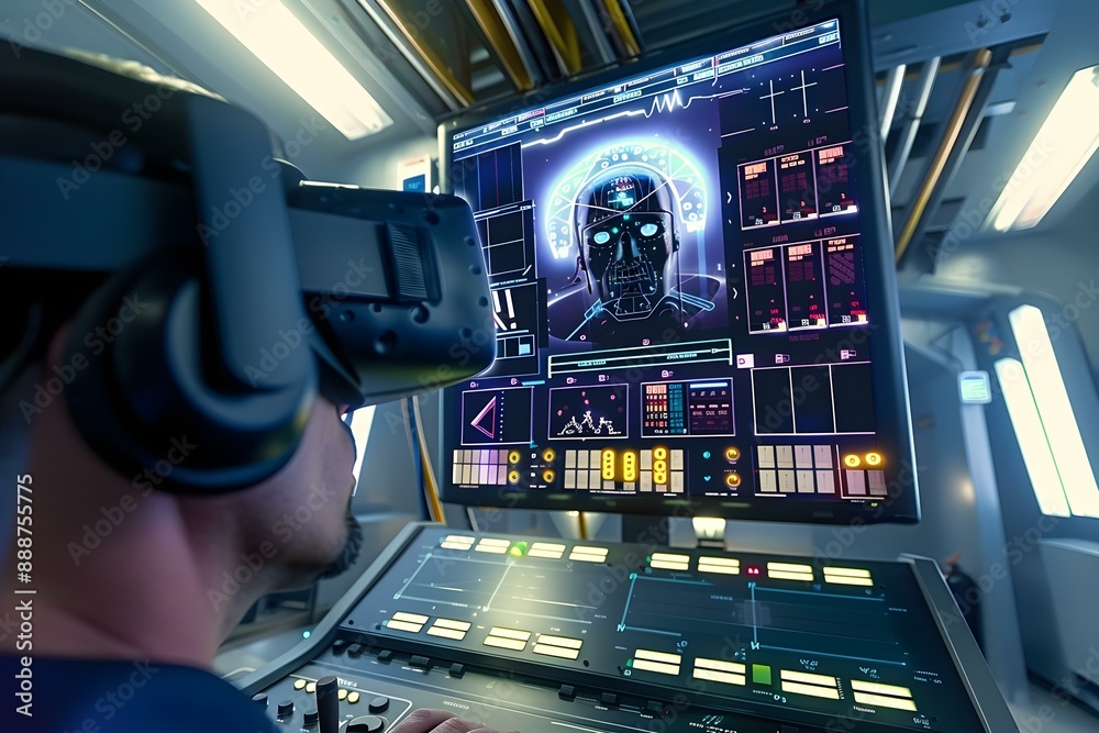 Person using VR headset for training in a modern control room, showcasing advancements in virtual reality and artificial intelligence