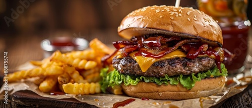 Pub style bacon cheeseburger with BBQ sauce and fries photo