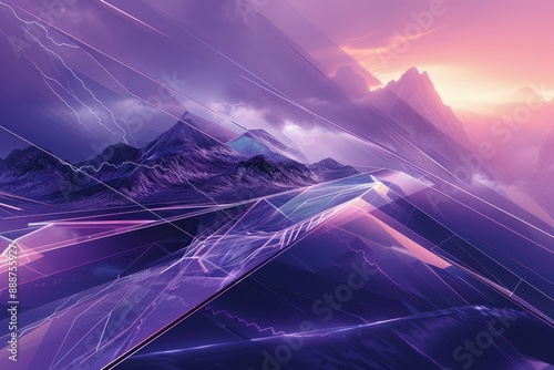 Purple mountain landscape with geometric shapes and lightning