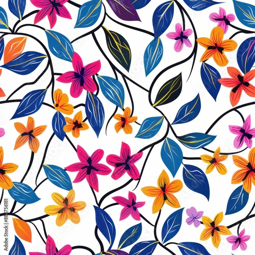 Colorful Floral Vine Pattern with Leaves, Seamless Pattern, 300 DPI