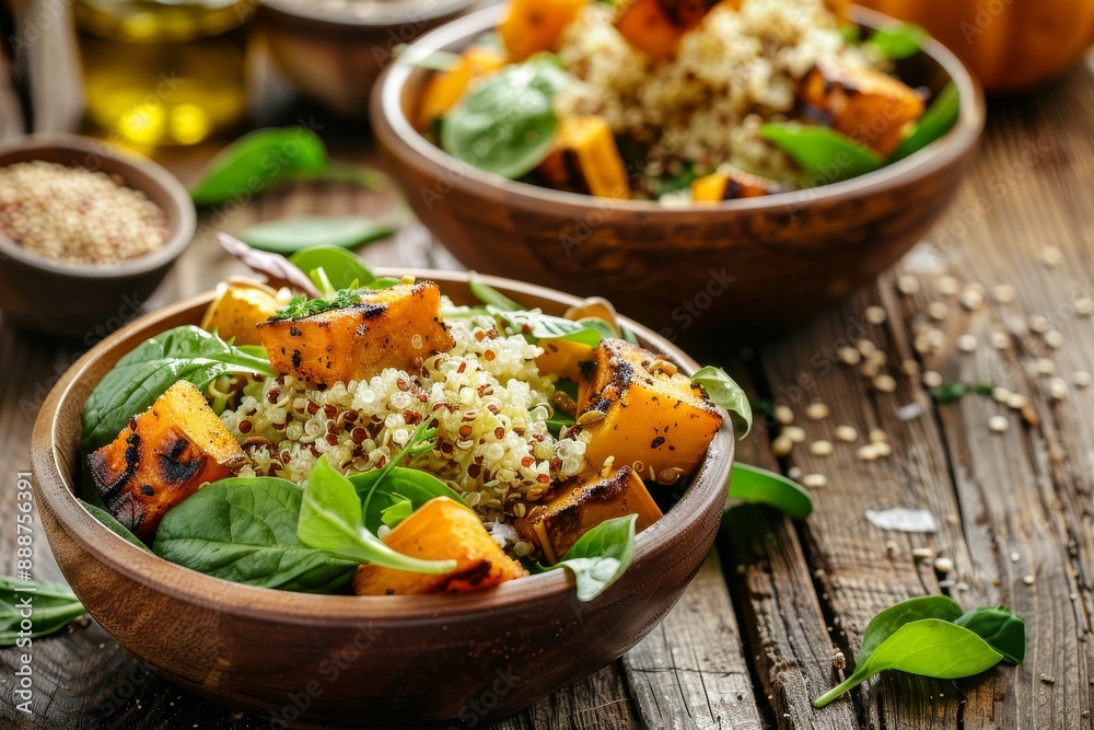 Quinoa salad with grilled pumpkin fresh spinach on rustic wooden table Superfood concept Focus on food Quinoa salad with grilled pumpkin fresh spinach on rustic wooden table Superfood concept Focus on food