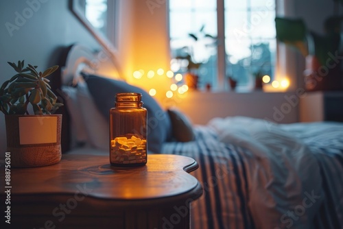 Empty medicine bottle on a nightstand with a cozy bedroom background