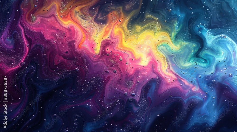 The iridescent sheen of rainbow oil on water, with swirling colors and fluid patterns creating a mesmerizing, abstract visual. The iridescent sheen of rainbow oil on water, with swirling colors and fluid patterns creating a mesmerizing, abstract visual.