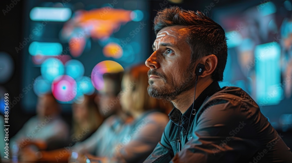 A focused man wearing an earpiece looks intently at a screen in a control room with colleagues blurred in the background. A focused man wearing an earpiece looks intently at a screen in a control room with colleagues blurred in the background.