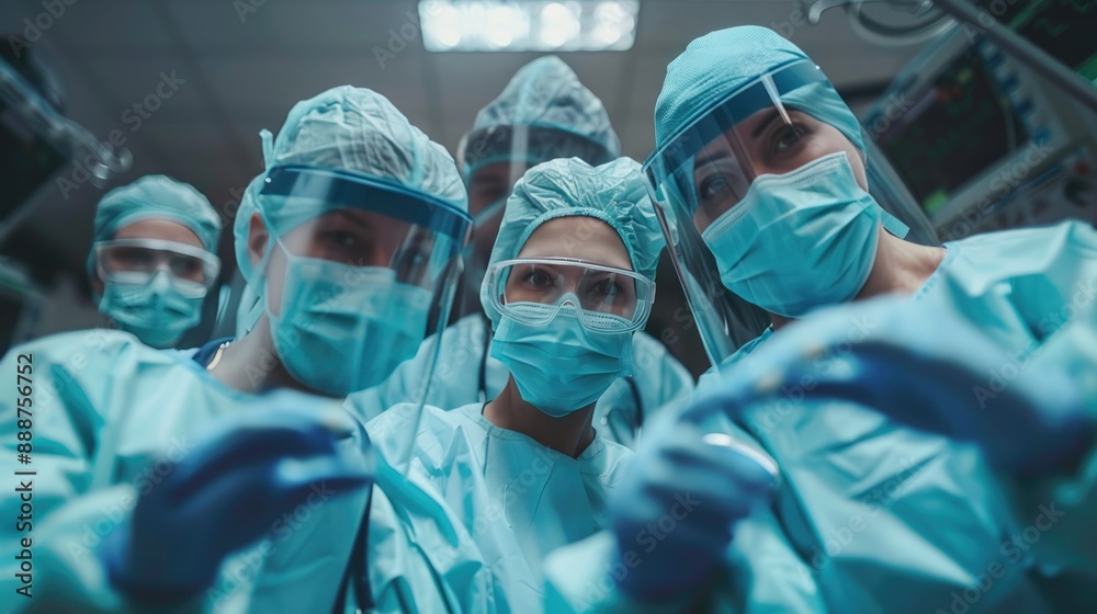 A group of surgeons in full protective gear working together in an intense surgical procedure, focusing on precision and patient safety. A group of surgeons in full protective gear working together in an intense surgical procedure, focusing on precision and patient safety.