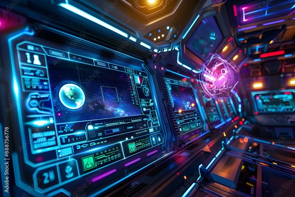 AI interface on a digital screen in a futuristic spacecraft control room AI interface on a digital screen in a futuristic spacecraft control room