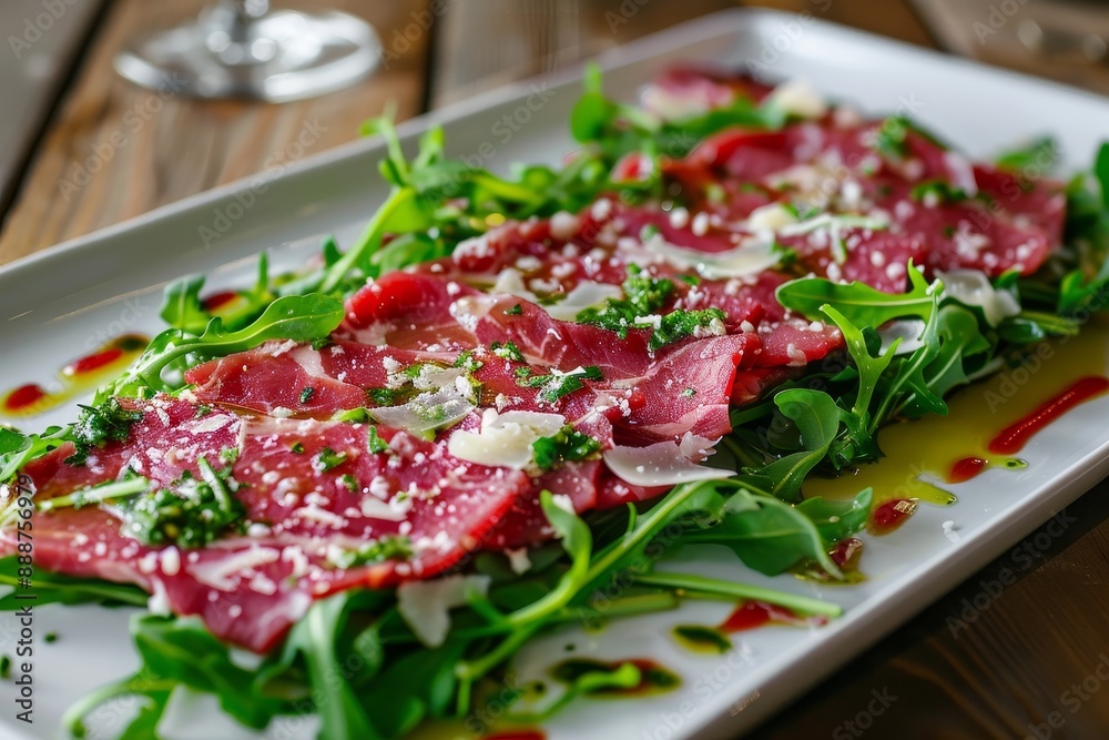 Raw beef with arugula and parmesan on plate